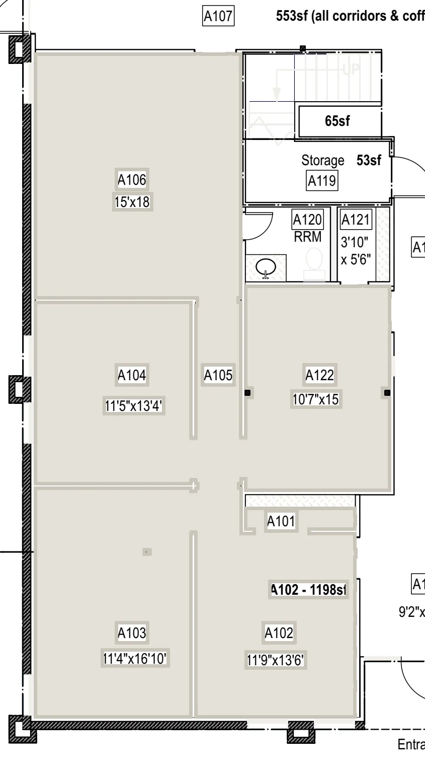 Plan of suite A102 on Building A level 1, 1,452.488 rentable square feet, covering rooms A102–A106, A122.