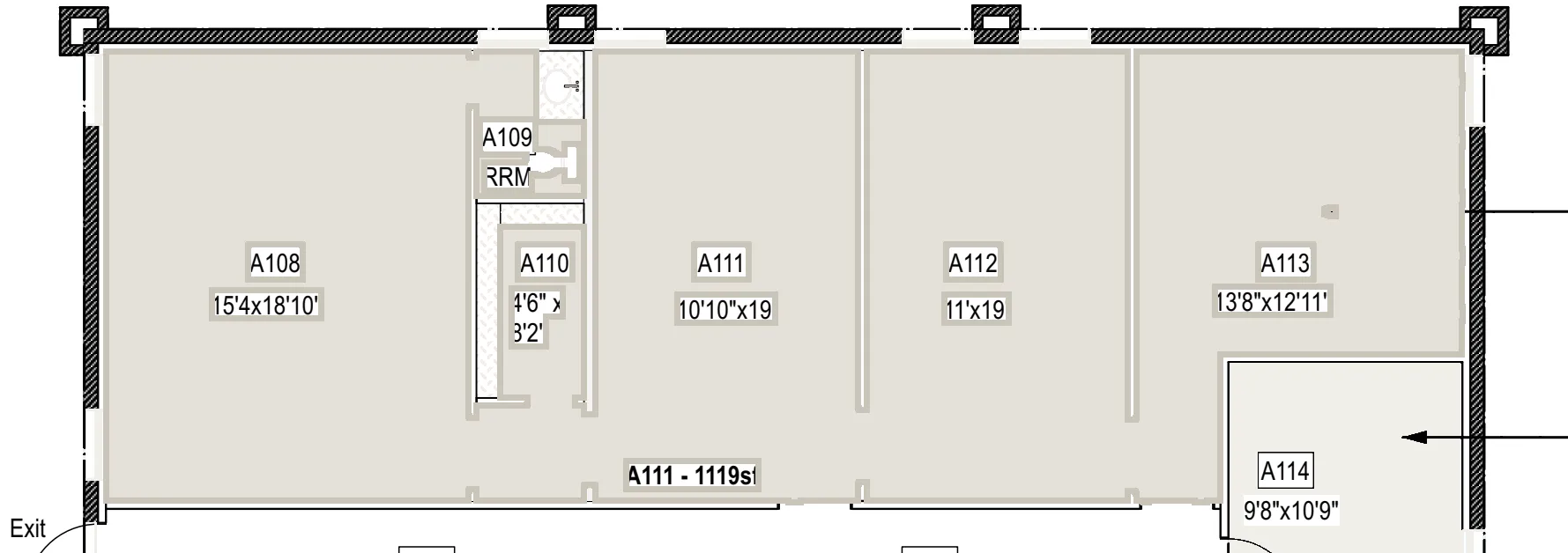 Plan of suite A113 on Building A level 1, 1,418.78 rentable square feet, covering rooms A108–A113.