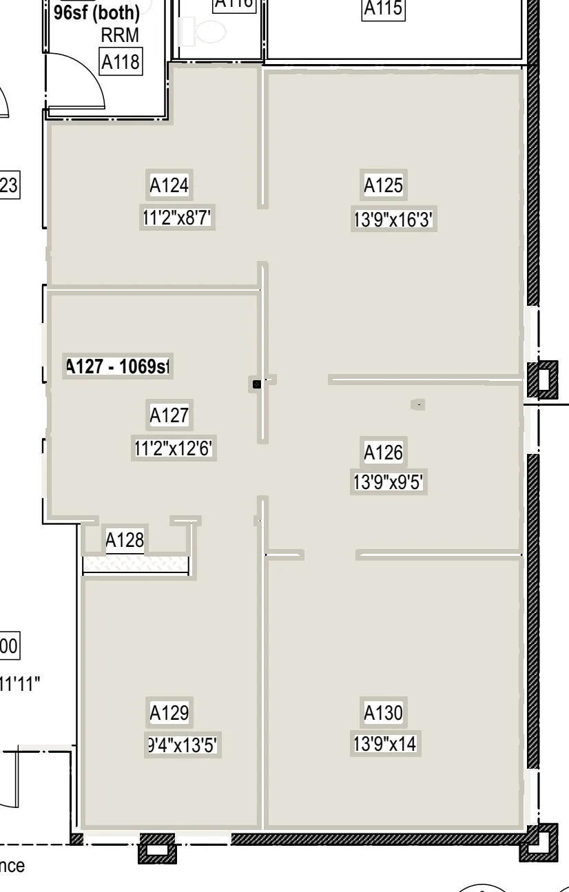Plan of suite A127 on Building A level 1, 1,374.96 rentable square feet, covering rooms A124–A130.