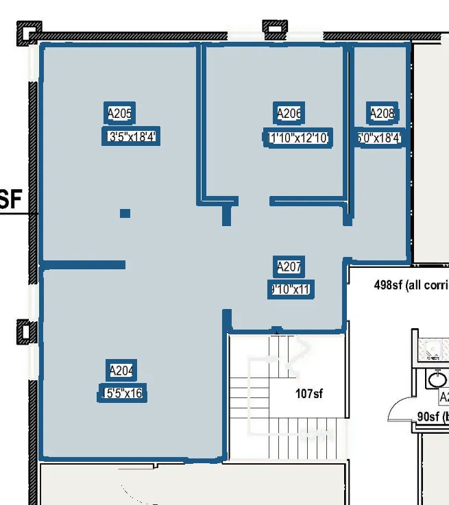 Plan of suite A207 on Building A level 2, 1,165.386 rentable square feet, covering rooms A204–A208.