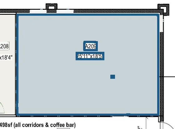 Plan of suite A209 on Building A level 2, 632.63 rentable square feet, covering rooms A209.
