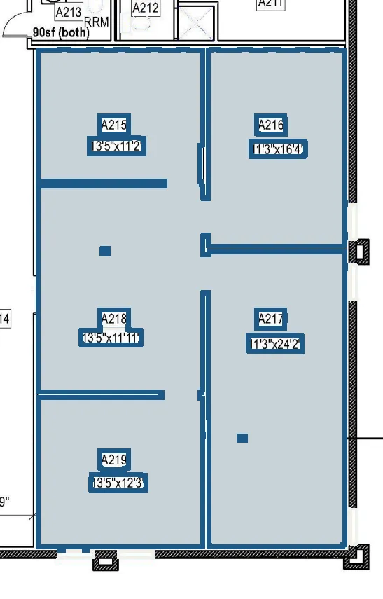 Plan of suite A218 on Building A level 2, 1,354.44 rentable square feet, covering rooms A215–A219.
