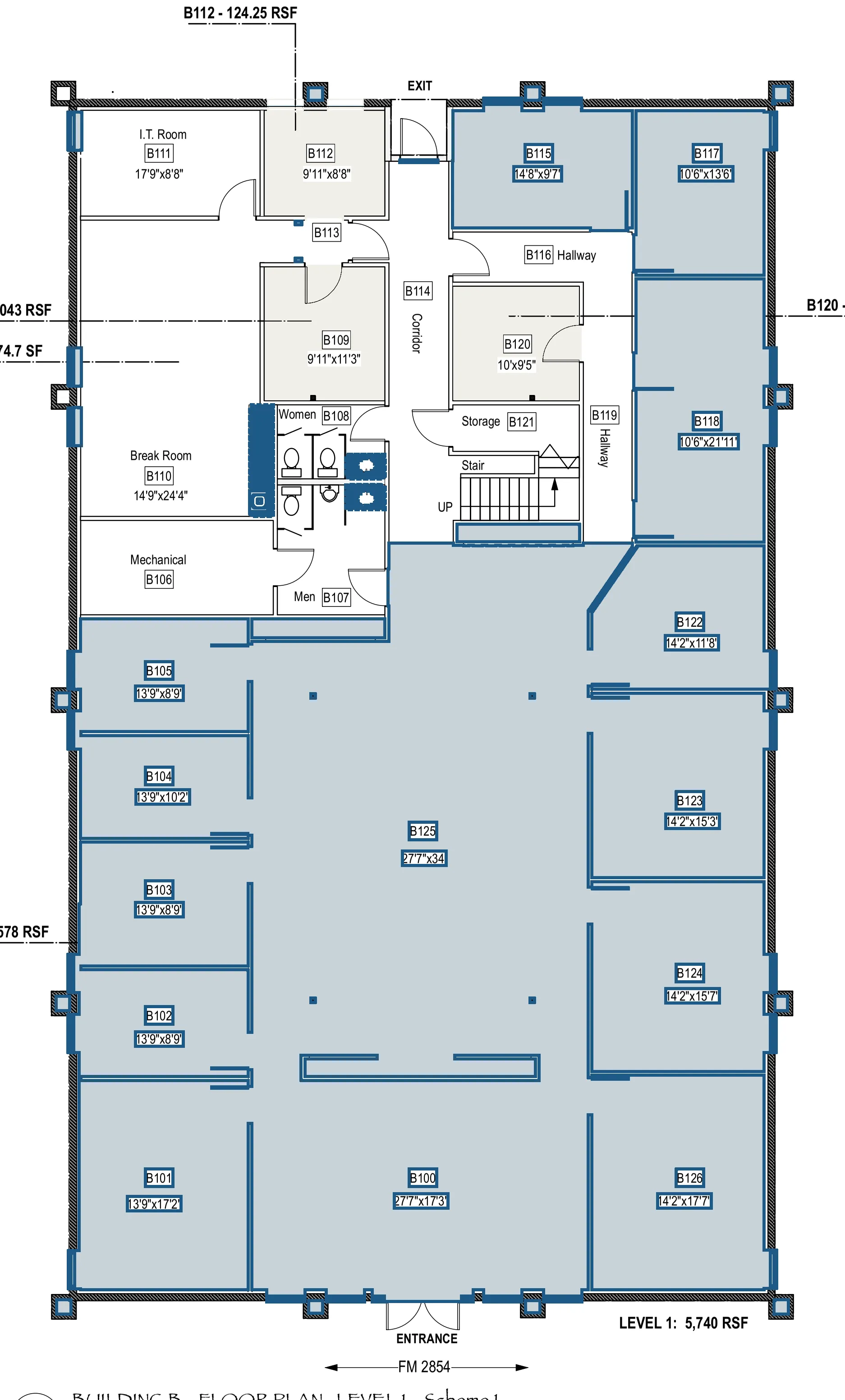 Plan of suite B101 on Building B level 1, 5,323.578 rentable square feet, covering rooms B100–B107, B115–B126.