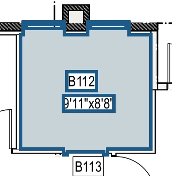 Plan of suite B112 on Building B level 1, 124.25 rentable square feet, covering rooms B112.