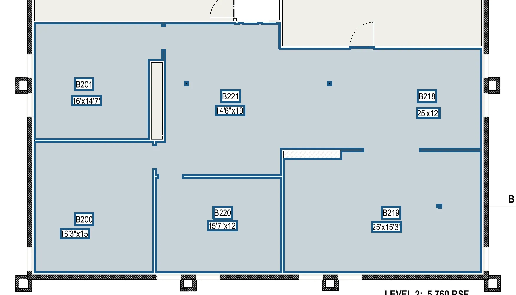 Plan of suite B200 on Building B level 2, 2,246.237 rentable square feet, covering rooms B200, B201, B218–B221.