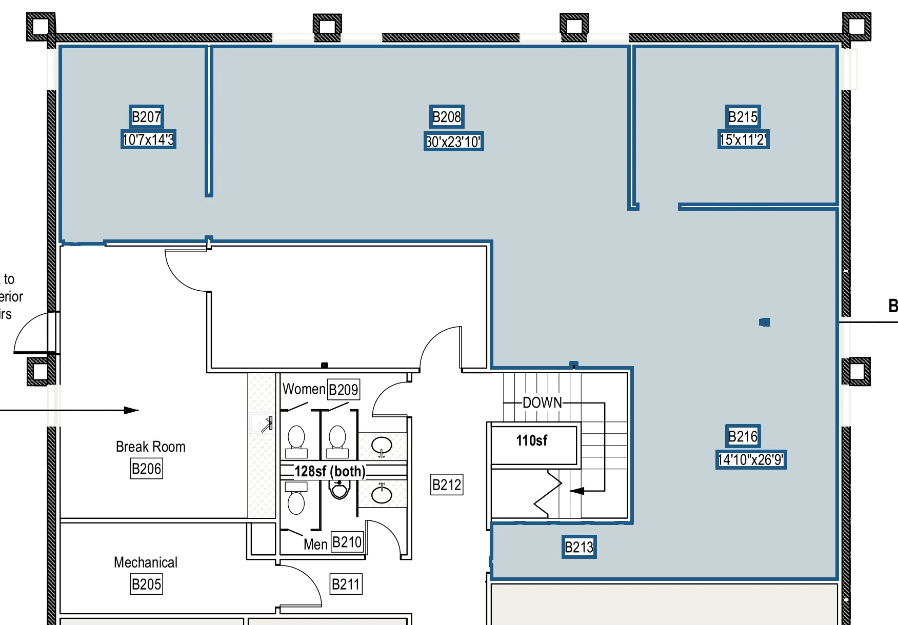 Plan of suite B215 on Building B level 2, 1,721.286 rentable square feet, covering rooms B207, B208, B215, B216.