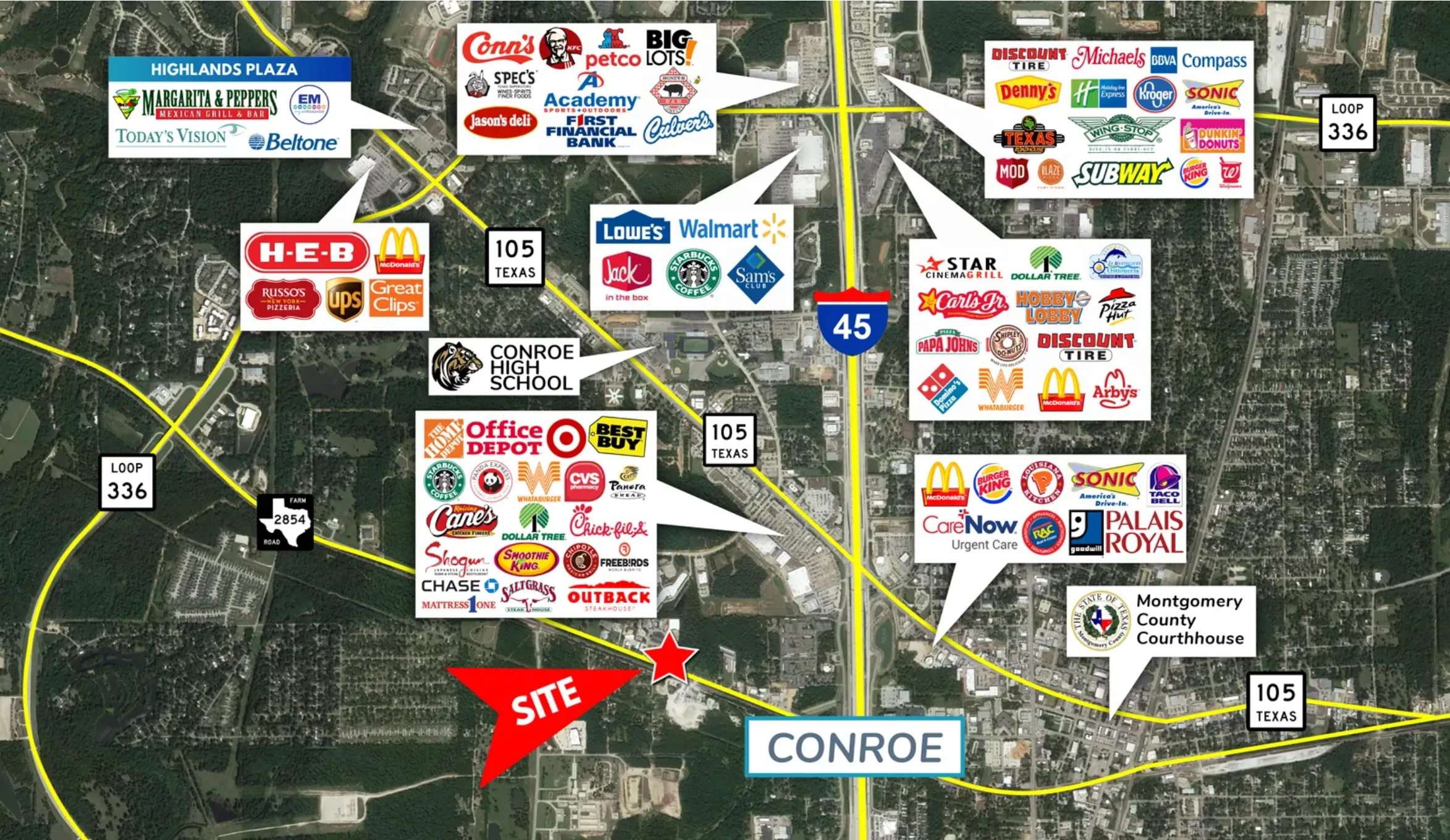Area map of Conroe marking the site west of I-45, with the surrounding retail, the courthouse and Conroe High School.