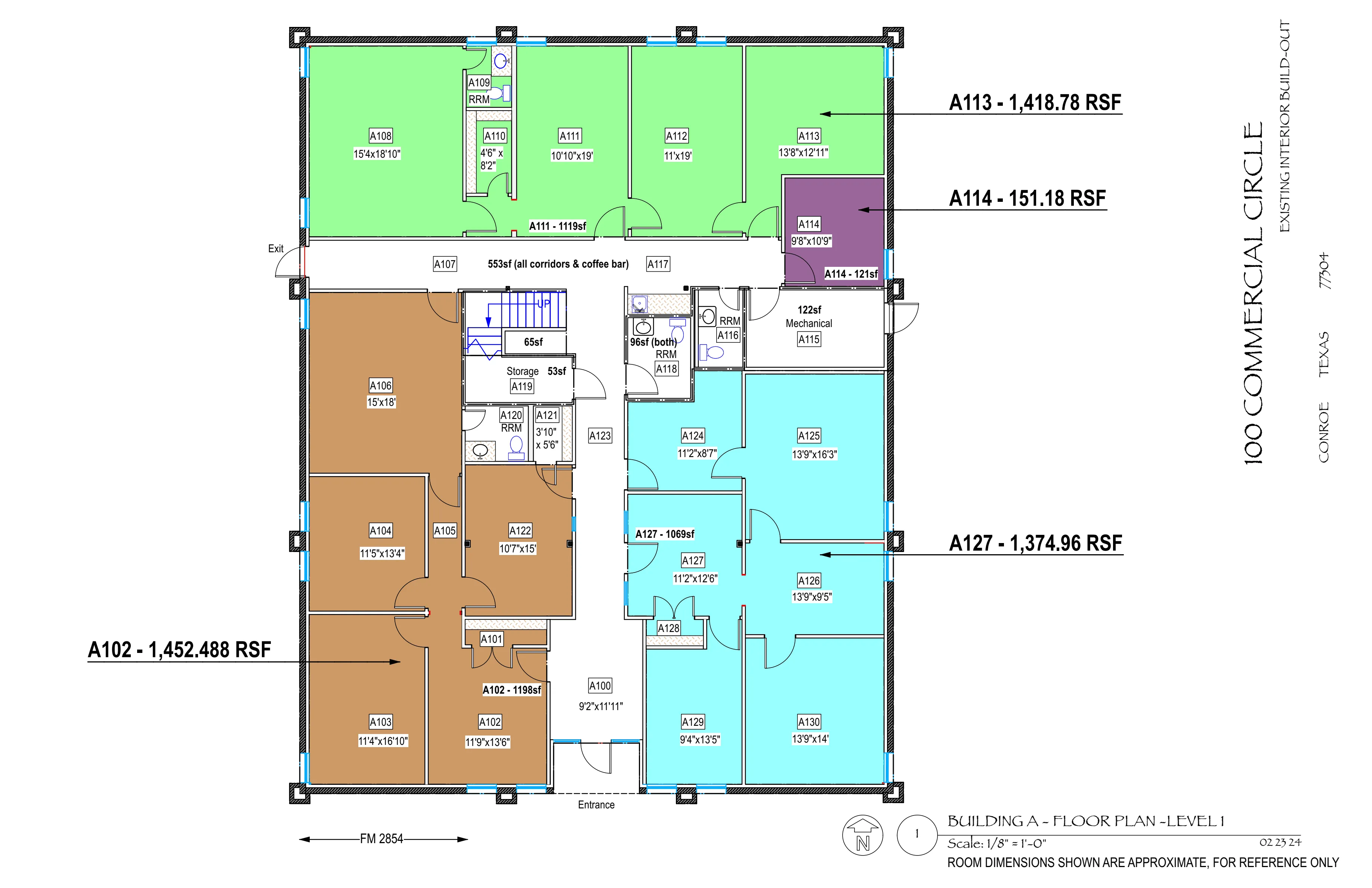 Floor plan, Building A level 1 at 100 Commercial Circle, showing numbered rooms with dimensions and the colour blocks used to group offices.
