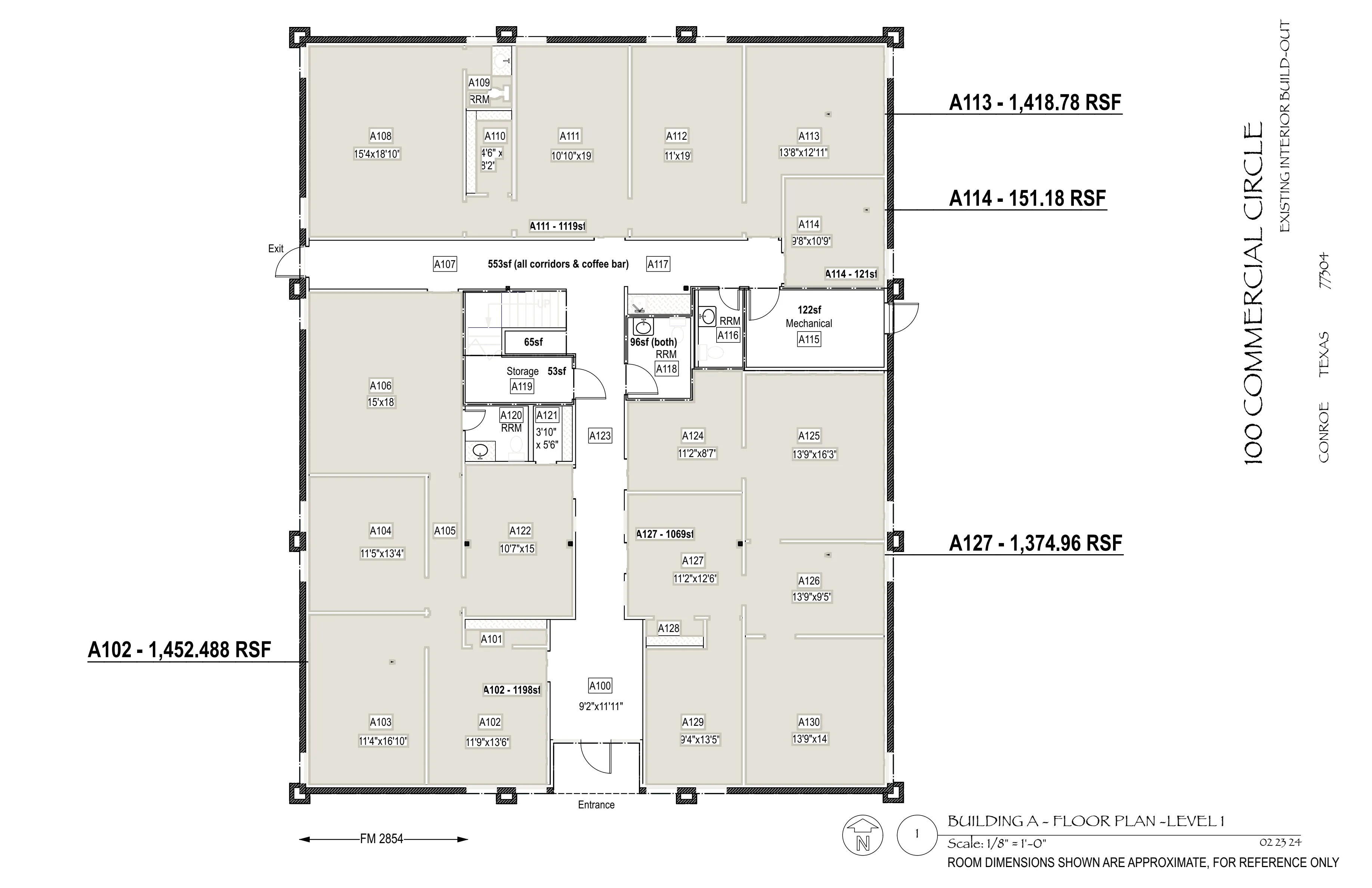 Floor plan, Building A level 1, showing numbered rooms with dimensions.