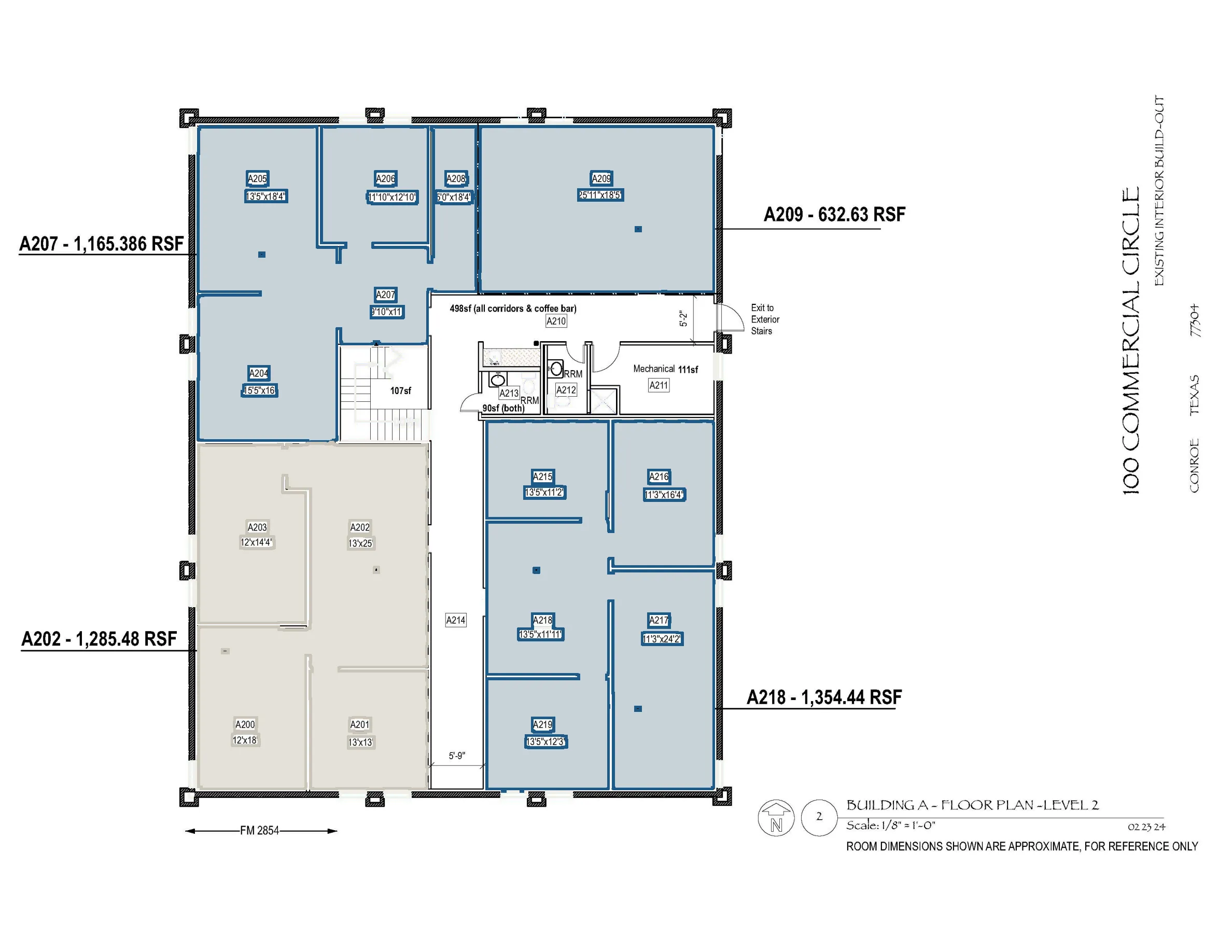 Floor plan, Building A level 2, showing numbered rooms with dimensions.