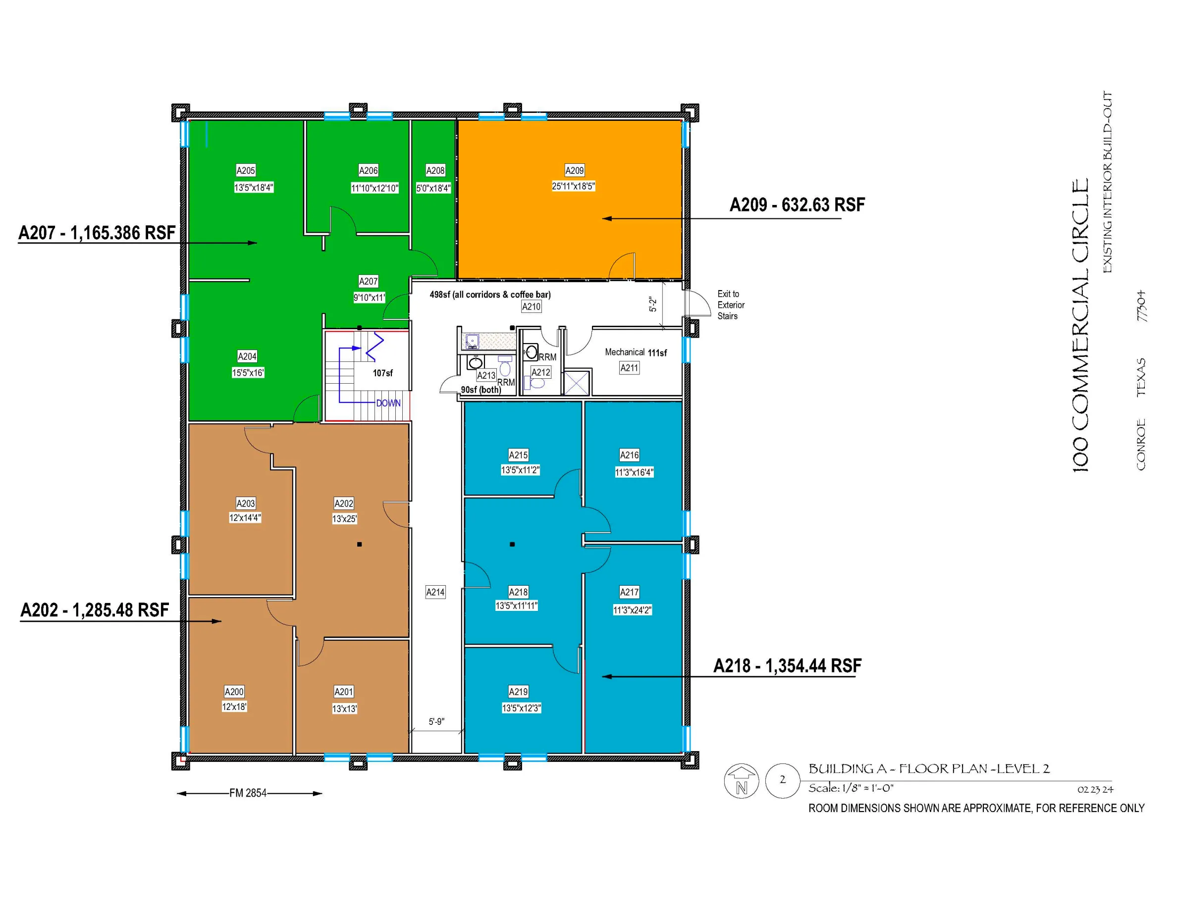 Floor plan, Building A level 2 at 100 Commercial Circle, showing numbered rooms with dimensions and the colour blocks used to group offices.
