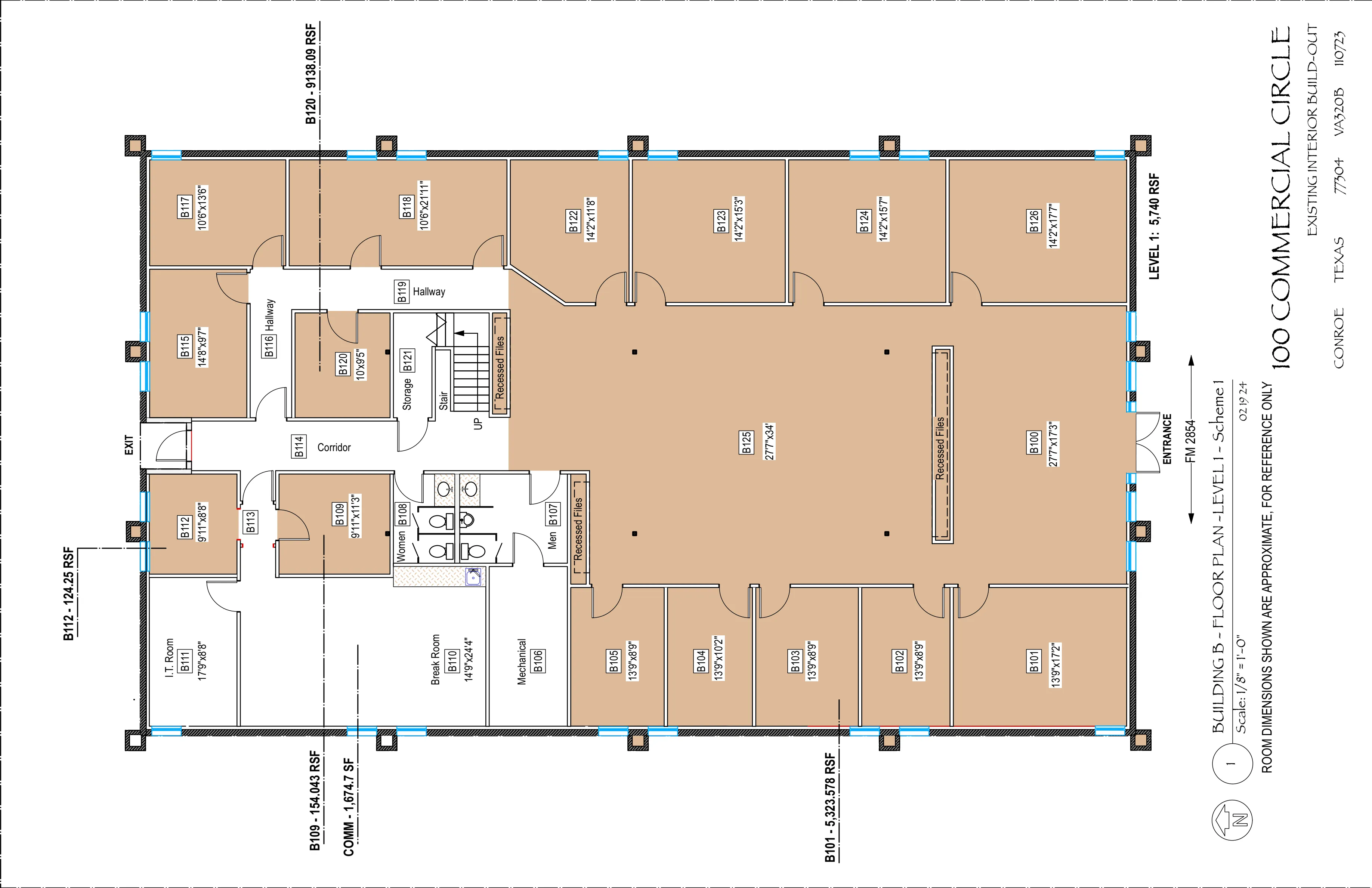 Floor plan, Building B level 1 at 100 Commercial Circle, showing numbered rooms with dimensions and the colour blocks used to group offices.