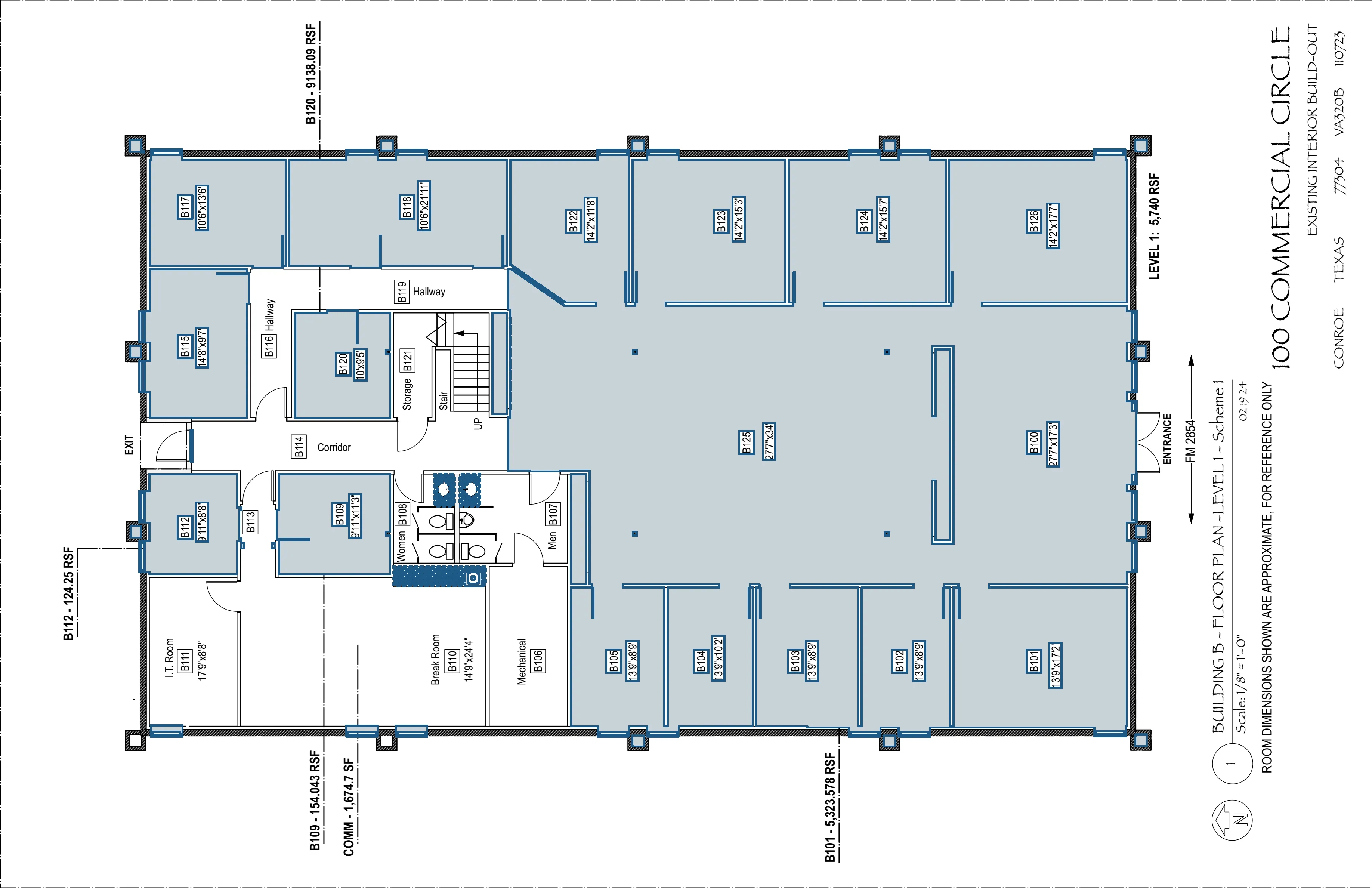 Floor plan, Building B level 1, showing numbered rooms with dimensions.