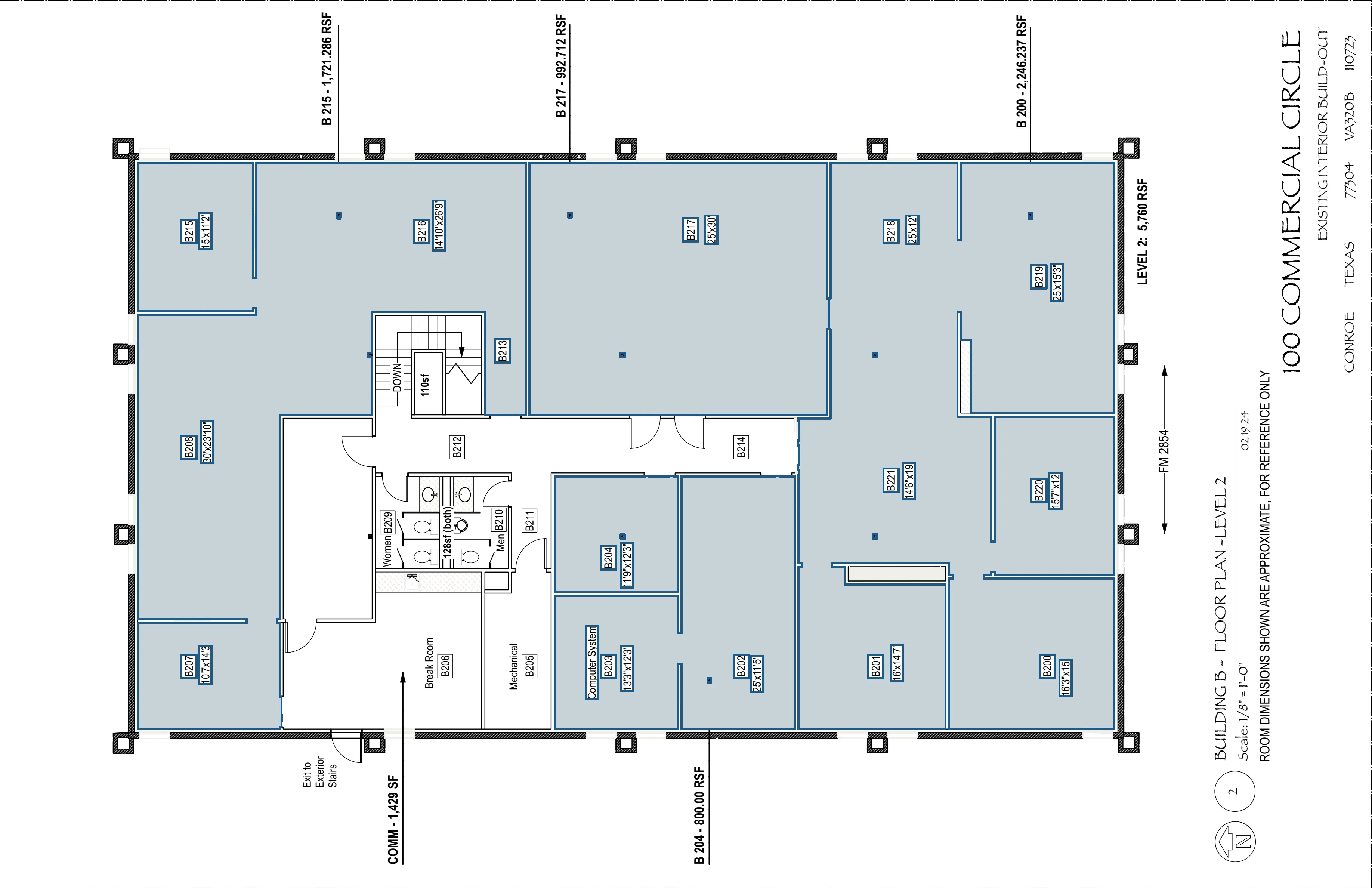 Floor plan, Building B level 2, showing numbered rooms with dimensions.
