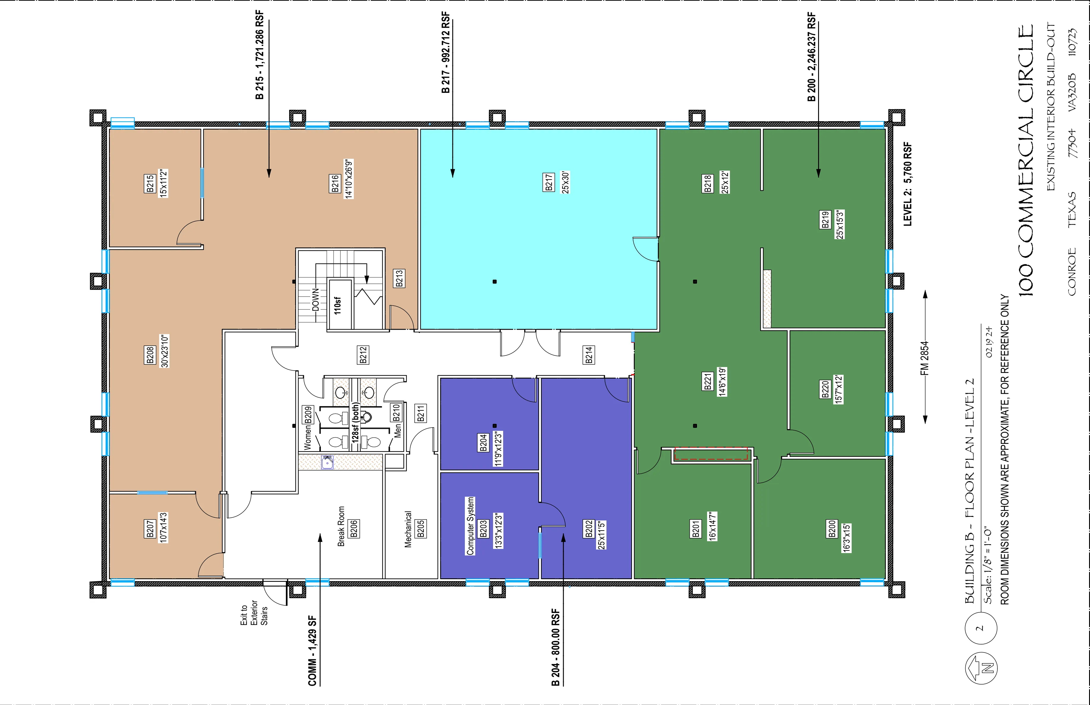 Floor plan, Building B level 2 at 100 Commercial Circle, showing numbered rooms with dimensions and the colour blocks used to group offices.